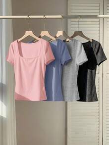 Comfortcana 4pcs/Set Plus Size Summer Square Neck Fitted T-Shirts - Multicolor - View 3