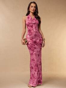 Silquee Vestido longo feminino de chiffon floral com decote em V, drapeado e amarração na cintura, para primavera/verão. - Rosa - Ver 1
