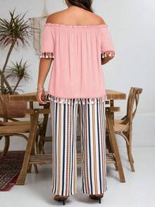 Conjunto de 2 piezas de top hombros descubiertos de unicolor minimalista y pantalones a rayas, para uso casual diario en talla grande - Rosa vieja - Ver 2