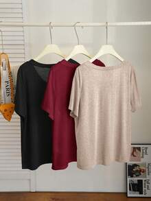 Comfortcana 3pcs/Set Plus Size Casual V-Neck T-Shirts, Spring/Summer - Multicolor - View 2