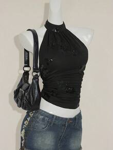 SHEIN ICON Áo croptop nữ cổ yếm không tay ôm sát, vạt bất đối xứng, đính cườm và thêu họa tiết, phong cách Y2K gợi cảm, thích hợp cho mùa Thu/Đông. - màu đen - Xem 6