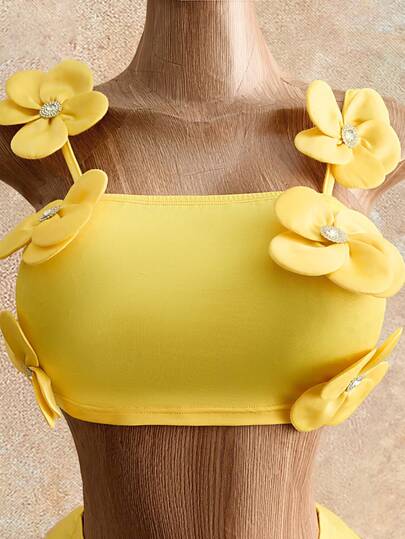 Mistrie Summer New Lemon Yellow 3D Floral Decor Set: Spaghetti Strap Top + Asymmetrical Ruffle Hem Split Skirt 2-Piece Outfit, Suitable For May Day Island Vacation/Birthday Party Sweet & Spicy Style