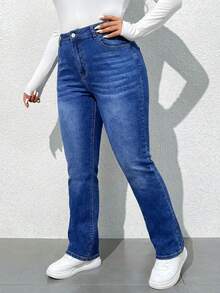 SHEIN ICON Quần jeans ống loe dáng ôm, rộng rãi, chất liệu wash, cỡ lớn, kiểu dáng thường ngày. - Rửa trung bình - Xem 4