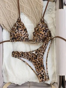 Oceva Bộ bikini hai mảnh họa tiết da báo, dây buộc cổ dành cho nữ - Nhiều màu - Xem 4