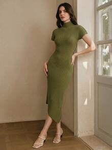 Anewsta 女士绿色高领针织连衣裙，适合初夏、度假、办公通勤穿着。 - 綠色 - 查看 4