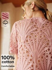 Anewsta 夏季新款蕾丝拼接时尚女士纯棉T恤，适合夏季、女士海滩、情人节、休闲简约风格 - 粉色 - 查看 2