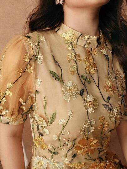 Anewsta Plus Size Women Elegant 3D Floral Textured Stand Collar Petal Sleeve A-Line Short Dress