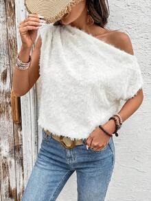 SHEIN PariChic 女士纹理褶皱不对称肩部宽松休闲优雅衬衫 - 白色 - 查看 4