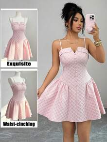 Elenzga Vestido mini de línea A sin mangas, con diseño de cintura ceñida, elegante y dulce, romántico y sexy para vacaciones. Vestido de princesa con botones y textura de cuadros, sin mangas, color rosa. - Rosa Pálido - Ver 1
