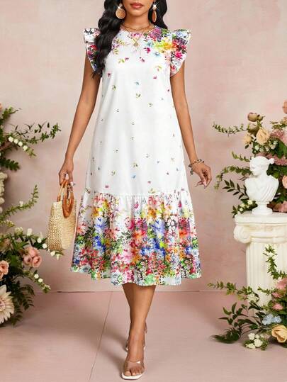 SHEIN Lady Vestido de manga corta de longitud media con estampado colorido para mujer