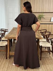 Weeklong Plus Size Women Shirred Sleeveless Drawstring Waist A-Line Casual Dress, Spring/Summer - Coffee Brown - View 2
