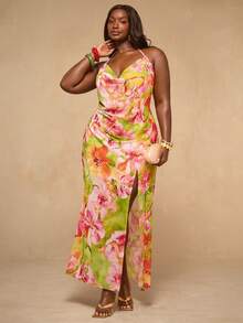 SHEIN BAE Vestido de mujer talla grande con cuello drapeado y abertura alta con estampado floral - Multicolor - Ver 5