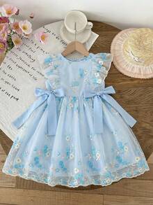 LMoss Kids Đầm voan hoa xếp tầng cho bé gái - Màu xanh nhạt - Xem 3