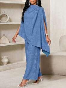 SHEIN Lady طقم ملابس علوية وبنطلون أنيق وعصري للنساء - الأزرق - مشاهدة 4