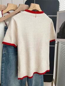 SHEIN Franclia Casual Loose Round Neck Short Sleeve Knit Star Jacquard Contrast Trim Design Apricot Women's Spring/Summer Knit Top - Apricot - View 2