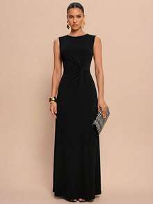 Olia Maree Olia Maree 女士夏季扭结腰带黑色休闲连衣裙长款女装 - 黑色 - 查看 4