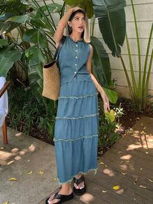 Livesso Women's Cotton Ruffle Sleeveless Top And Casual Denim Skirt Set, Summer - Medium Wash - View 3