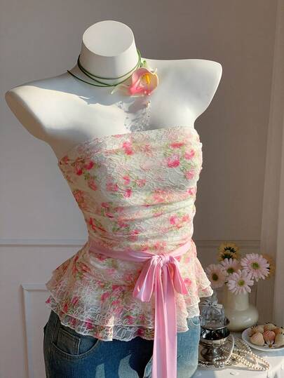 Comfortcana Women's Floral Print Fitted Tube Top With Bow Decor,Pink Top