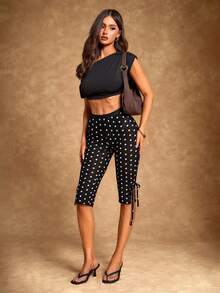 Radiana 女士性感复古独特黑白波点透视网纱低腰七分裤 - 黑色 - 查看 2
