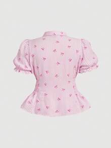 SHEIN MOD 大码女式蝴蝶结条纹腰衬衫 - 粉色 - 查看 5