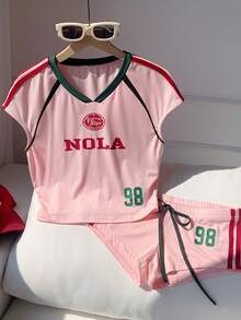 Comfortcana 2026 New Arrival Summmer Women's Casual 80s Graphic Printed V-Neck T-Shirt Shorts 2-Piece Set Festival Outfits For Women Beach Everyday Outfit For Women Vacation Outfits Women Women's Sportswear Y2k Graphic Light Pink Outfit Tennis Outfit For Women Set Teen Girl Outfits Set For - Pink - View 3