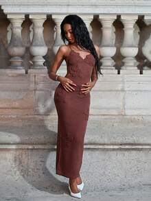 Mima John 手工钩编修身无袖碎花连衣裙，浪漫海滩度假/约会装，春夏派对装 - 咖啡 - 查看 5