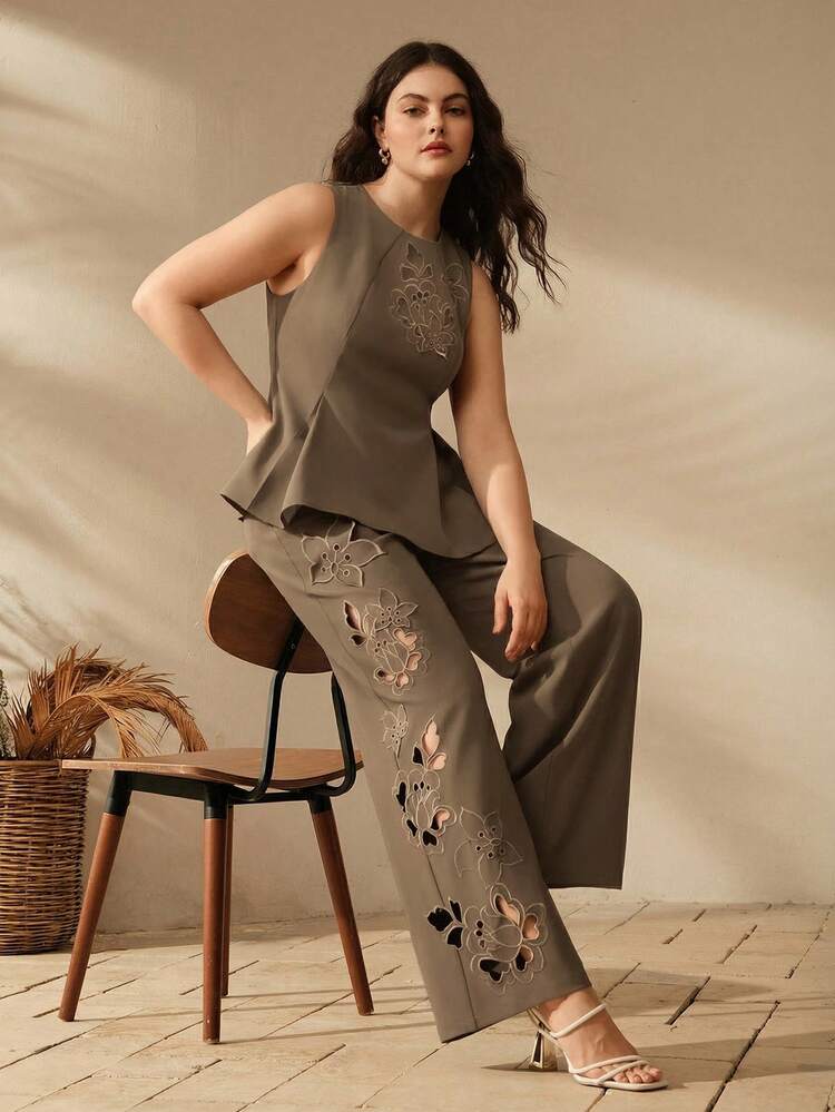 Anewsta Women's Spring/Summer Brown-Green Floral Hollow-Out Embroidery Loose Straight Leg Pants, Suitable For Party, Valentine's Day, Carnival And Wedding Occasions