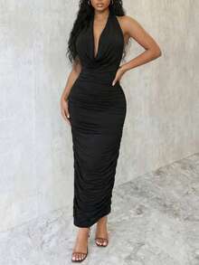 Eryvara Fitted Sexy Halter Draped Backless Solid Color Dress, Elegant And Fashionable - Black - View 7