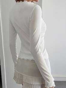 DAZY Women's Lace Frill Trim Fitted Cardigan - White - View 2