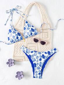 Swim Mod Bộ 2 món đồ bơi mùa hè in họa tiết ngẫu nhiên vỏ sò vàng, áo bikini buộc dây cổ và quần bơi cạp cao, đồ bơi gợi cảm, đồ bơi dễ thương cho nữ, bộ đồ bơi nữ, quần áo Ytk, đồ bơi Zestiva, trang phục nghỉ lễ Zante, đồ bơi định hình dáng gợi cảm, đồ bơi đi biển, tắm nắng, du lịch trên tàu biển, bộ bikini đồ bơi. - Nhiều màu - Xem 1