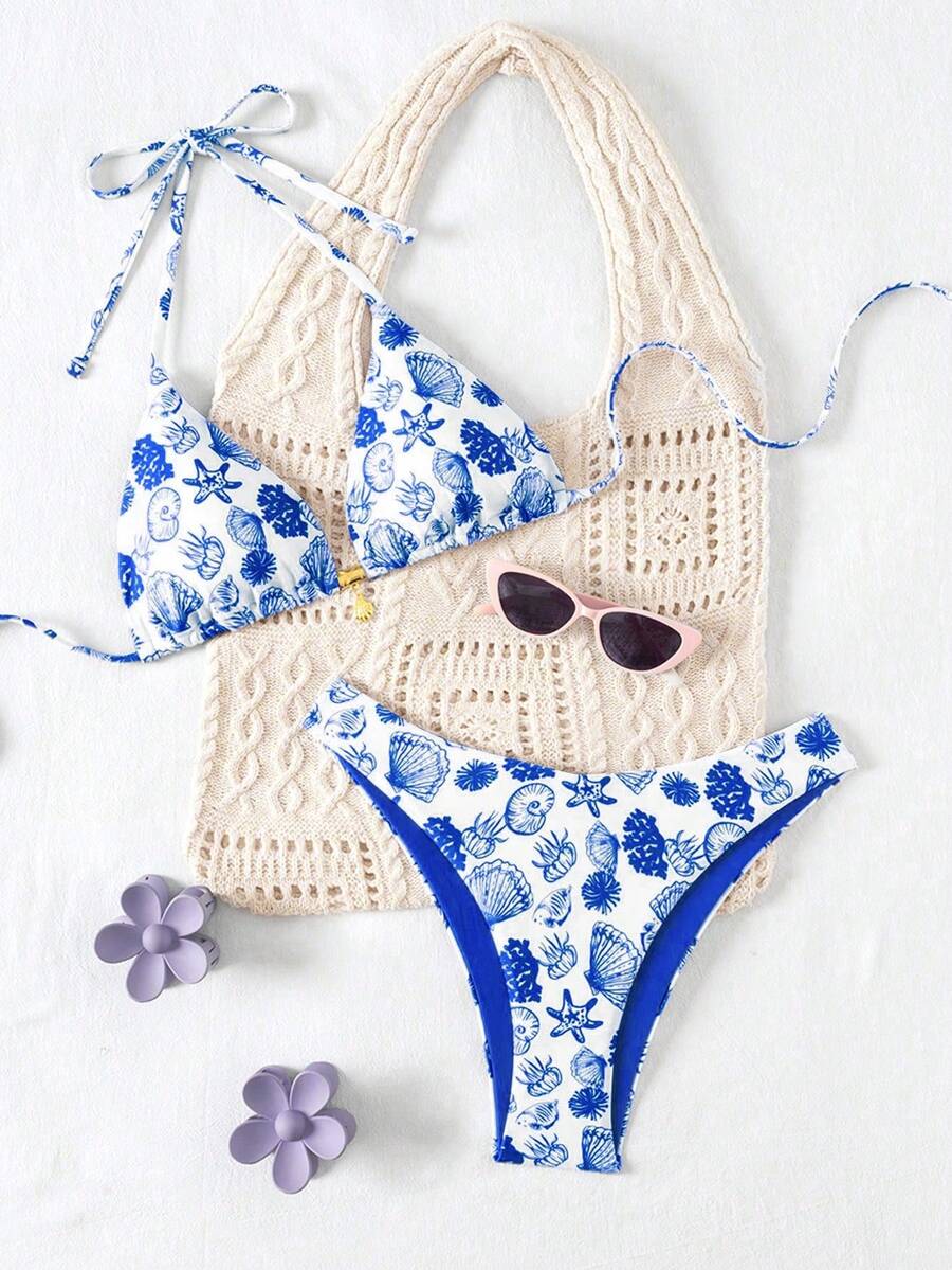 Swim Mod Bộ 2 món đồ bơi mùa hè in họa tiết ngẫu nhiên vỏ sò vàng, áo bikini buộc dây cổ và quần bơi cạp cao, đồ bơi gợi cảm, đồ bơi dễ thương cho nữ, bộ đồ bơi nữ, quần áo Ytk, đồ bơi Zestiva, trang phục nghỉ lễ Zante, đồ bơi định hình dáng gợi cảm, đồ bơi đi biển, tắm nắng, du lịch trên tàu biển, bộ bikini đồ bơi. - Nhiều màu - Xem 1