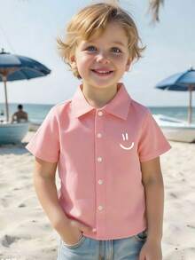 男童休闲卡通笑脸印花短袖衬衫，前开襟纽扣设计，夏季款 - 粉色 - 查看 1