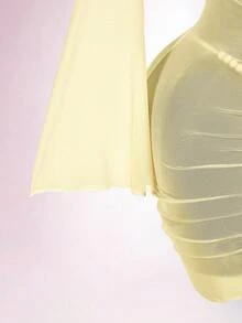 Amplova Women's 3 PiecesBeaded Swimsuit Set Including Sexy Halter Mesh Coverup, Suitable For Holiday Wear With Tie Details - Light Yellow - View 11