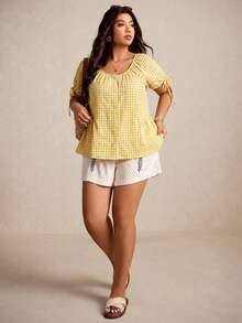 Elaquor Plus Size Women Plaid Round Neck Casual Versatile Daily Wear Short Sleeve Shirt - Yellow - View 4