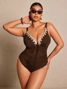 Elaquor Baju Renang One-Piece Model Twist dengan Dekorasi Kerang untuk Wanita Ukuran Plus, Cocok untuk Liburan Pantai, Pesta Kolam Renang, Pesta Pantai Musim Panas - Coklat - View 3