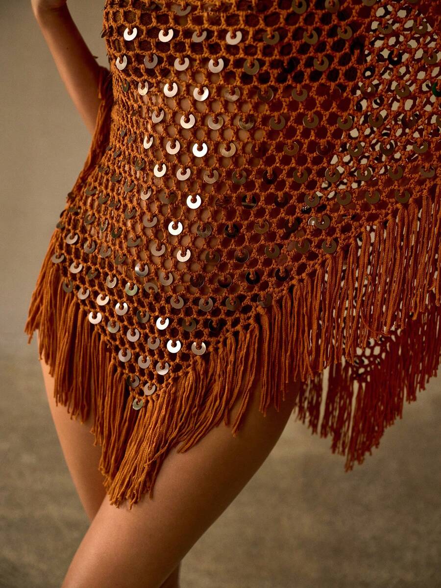 MOTF PREMIUM HANDMADE KNITTED TASSEL BOHEMIAN SEQUIN ASYMMETRIC HEM VACATION COVER-UP - Orange - View 2