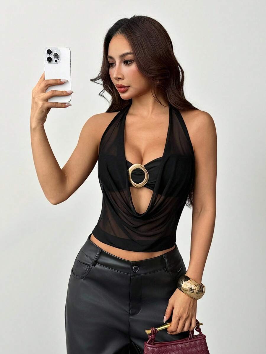SHEIN PETITE New Sexy Draped Neck Backless Metallic Decor Semi-Sheer Modern Vest,Rave Top