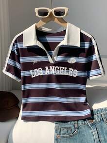 Comfortcana Women's Retro Colorblock Print Polo Collar Fitted T-Shirt - Brown - View 6