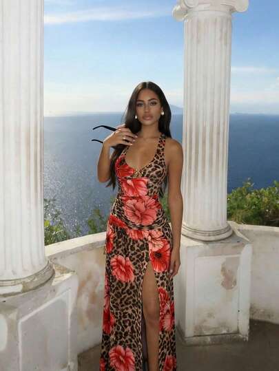 Ronhire 豹纹花卉图案女士长裙，弹力针织面料，性感优雅的沙滩连衣裙，适合夏季度假——花卉图案随机秋季女装返校派对