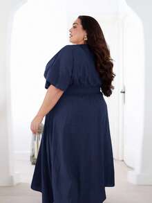 Pretty and Ole Plus Size Summer Simple Elegant Cinched Waist Batwing Sleeve Dress - Navy Blue - View 2