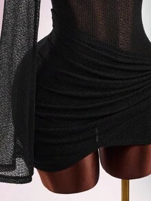 Amplova Vestido mini de cuello alto de manga larga para mujer, vestido casual sexy con espalda descubierta adecuado para picnic y senderismo de primavera - Negro - Ver 6