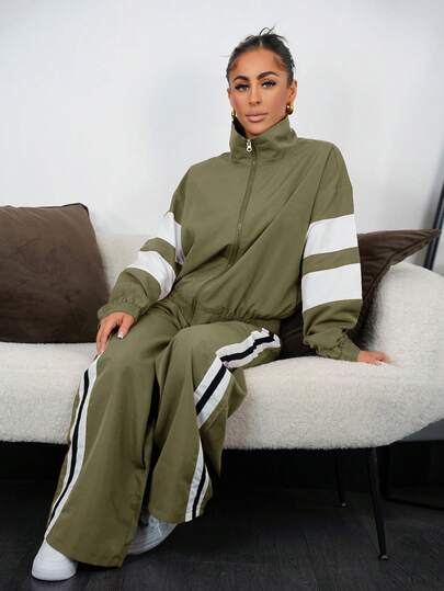 SAYEHFBABY Áo khoác trễ vai dài tay cổ đứng thể thao giản dị mới + Quần ống rộng ống đứng màu tím hồng có ruy băng trắng và đen Bộ đồ hai mảnh dành cho nữ-A