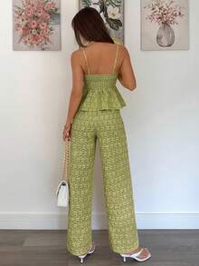 Siren Gaze 女款橄欖綠夏季優雅熱帶度假茶會度假風提花荷葉邊吊帶上衣寬腿褲兩件套 度假風花卉 - 青檸色 - 查看 3