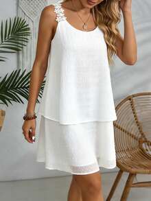 INAWLY 蕾丝拼接雪纺纹理宽松双层下摆女式连衣裙 - 白色 - 查看 5