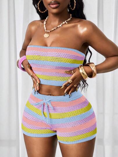 BamGleam 女士条纹露脐吊带毛衣短裤套装（2件套），修身、休闲、时尚、性感，夏季