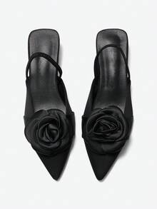 Eladyva Chaussures à bout pointu minimalistes de couleur unie pour femmes, polyvalentes, élégantes, convenant pour les banquets avec des talons hauts confortables et à la mode en matière de satin avec décoration florale - Noir - Voir 5