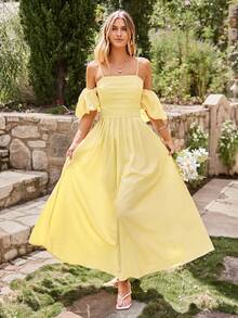 KARISMINA Robe tissée de couleur unie pour femmes, convient pour les vacances de printemps/été - Jaune d'oie - Voir 7