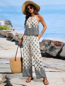 SHEIN Holidaya Conjunto Casual de Verão/Primavera para Mulheres, Camisa Halter com Estampa Floral e Decoração de Borla e Calça com Cintura Elástica, Conjunto de 2 Peças - Preto e Branco - Visão 5