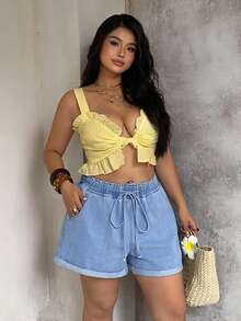Sunnyshic High-Waisted Tie-Waist Denim Shorts - Blue - View 6