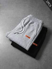 Manfinity EMRG 2pcs Men's Slant Pocket Drawstring Waist Long Pants - Black + Light Floral Gray - Black - View 1